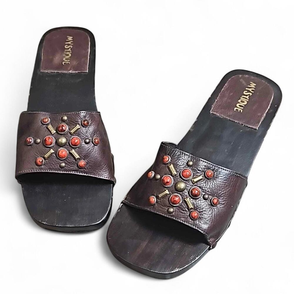 New Mystique Beaded Wooden Style Slip On Sandal Sz 8